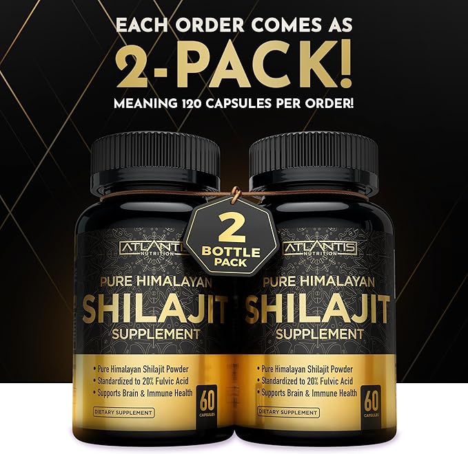 Atlantis Nutrition Himalayan Shilajit Capsules Formulated with 20% Fulvic Acid | 10:1 Extract Providing 10,000mg D.H.E. | USA Made | Himalayan Shilajit Supplement for Men & Women | 120 Capsules