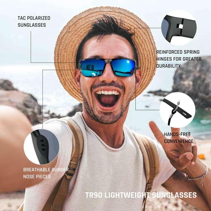 TOREGE Polarized Sports Sunglasses for Men and Women Cycling Running Golf Fishing Sunglasses TR26 (Bright Black& Grey Tortoise Frame& Ice Blue Lens)