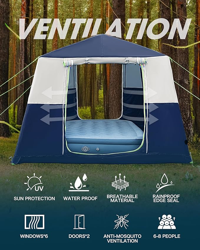 14.1'x6.5'x9' Inflatable Tents for Camping, Portable 6/8/10 Person Blow Up Air Tent, Waterproof Windproof Easy Setup Large Family Tent with 2 Doors, 6 Windows, Mosquito Screen
