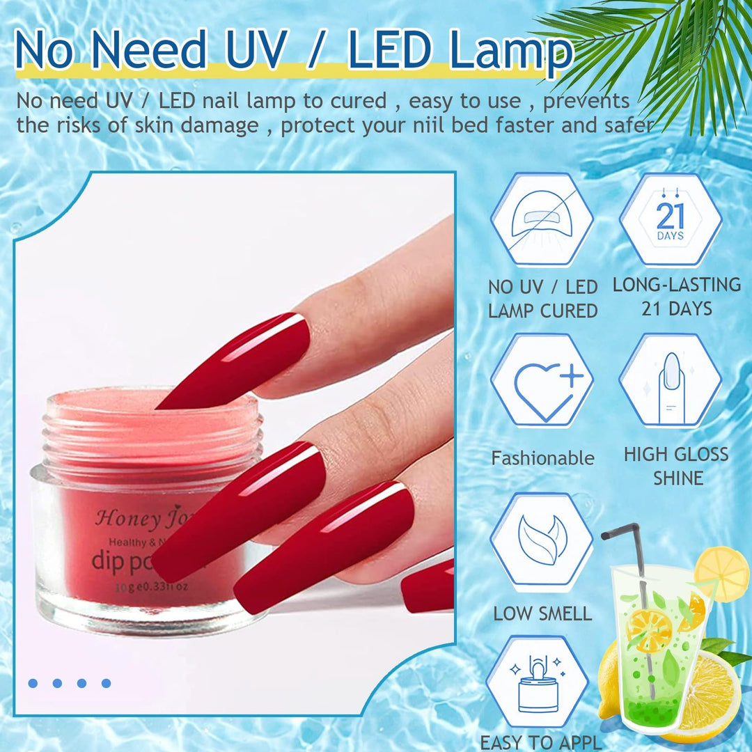 Honey Joy 8pcs/set Fine Dipping Powder Dip Kit Powder Nail Color System, Orange Green Yellow Red Purple Dark Blue, Like Gel Polish Effect, Even & Smooth Finishing (Dip-8pcs-02)