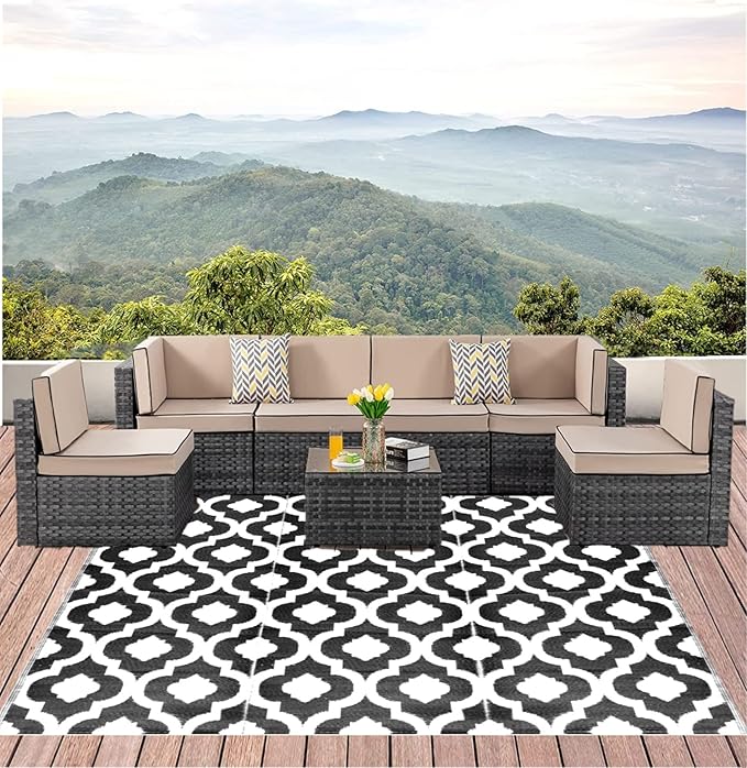 BalajeesUSA rv mats Outdoor Rug – 9x12, Black Reversible Recycled Plastic Straw Outdoor Patio Rugs Clearance Waterproof Large RV Camper Mats 514