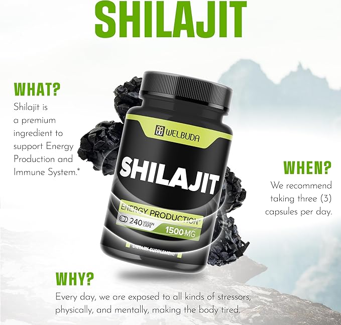 1500mg Shilajit Capsules Extract 5:1 - Immune System, Energy Production, Brain Health & Overall Well-Being Support - 240 Capsules