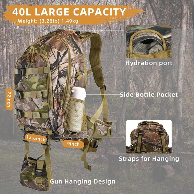 AUMTISC 40L Hunting Bag Backpack with Rifle Holder for Men, Waterproof Camo Hunting Day Back Pack with Rain Cover for Gun Bow