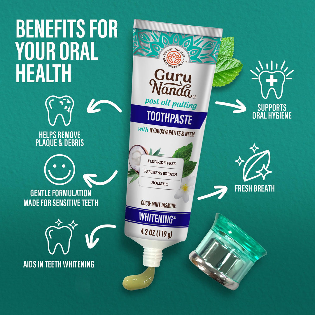 GuruNanda Hydroxyapatite Toothpaste, SLS & Fluoride Free, Whitening Toothpaste - Freshens Breath, Fights Plaque - Natural CocoMint Jasmine Neem, 4.2oz