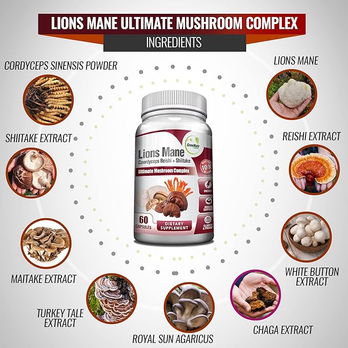 Complete Mushroom Supplement -10 in 1 Complex with Lions Mane, Cordyceps, Shiitake, Chaga, Turkey Tail for Immune Support, Memory, Focus & Natural Energy Booster - 180 Capsules (3 Bottles)