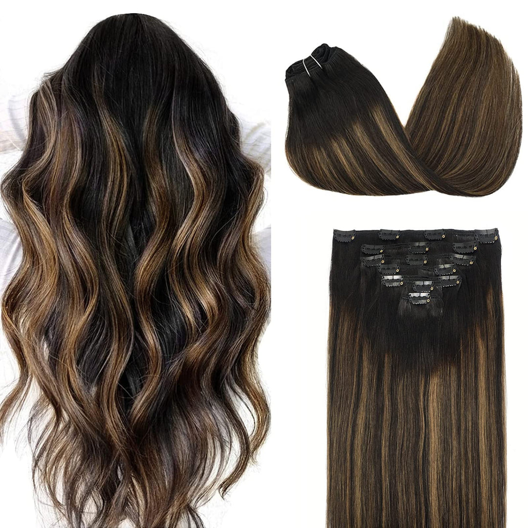 Doores Human Hair Extensions Clip In Balayage Natural Black To Chestnut Brown 14 Inch 7Pcs 120G Clip In Remy Hair Extensions Nat