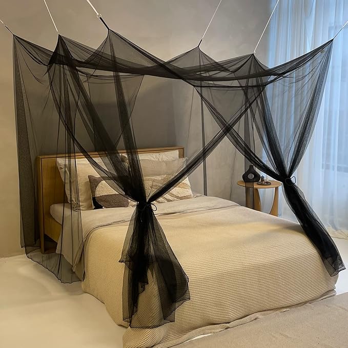 Black Mosquito Net for Single to King-Sized Beds – 4 Side Openings & 6 Hanging Loops – Decorative Rectangular Shape for Home & Travel – Bed Canopy Hanging Kit & Carrying Bag Included