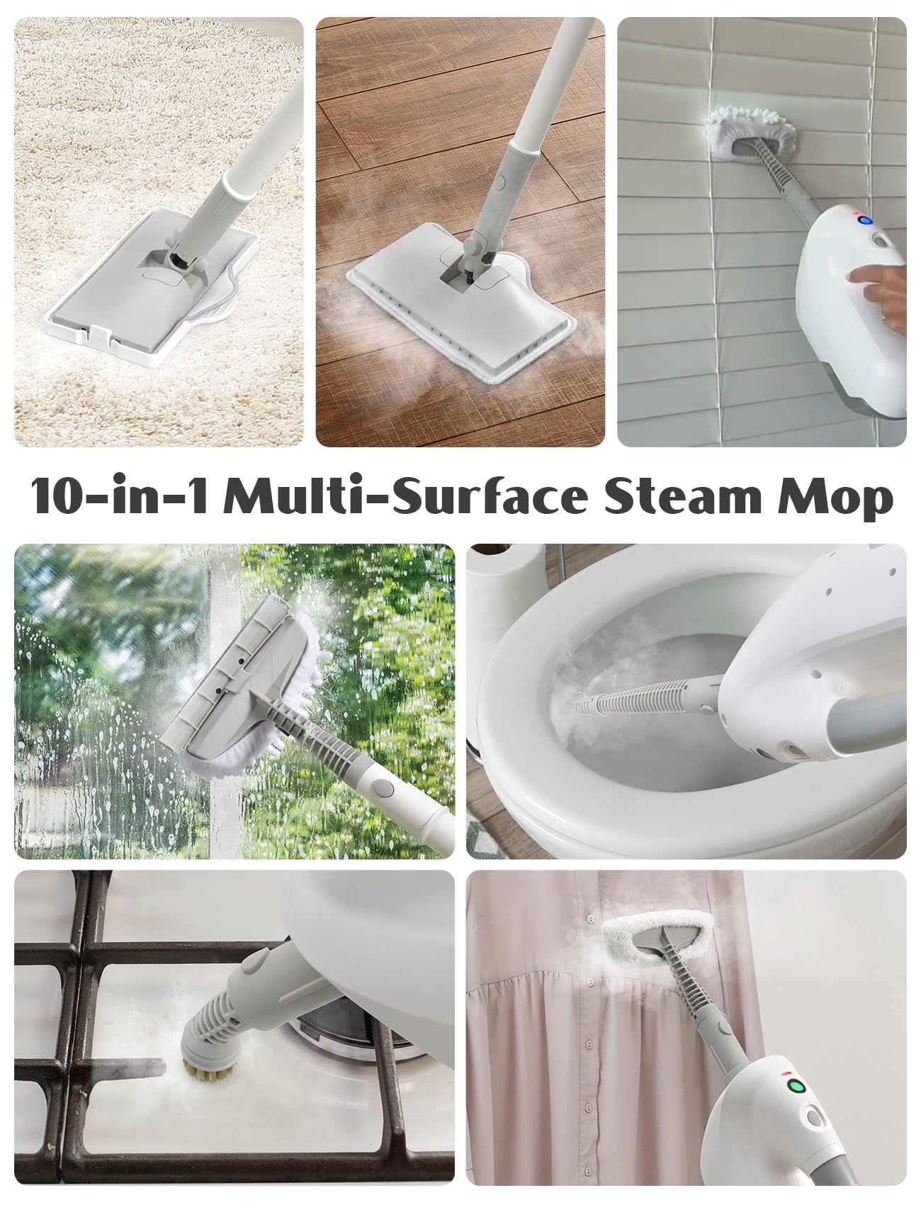 10-in-1 Steam Mop with Detachable Handheld Steamer, Multi & Up Steamer for Cleaning with 350ml Tank,10s Heat-Up, 7M Cord, 120℃ 1300W Powerful Floor Steam Mop for Hardwood Floors, Grout, Carpet