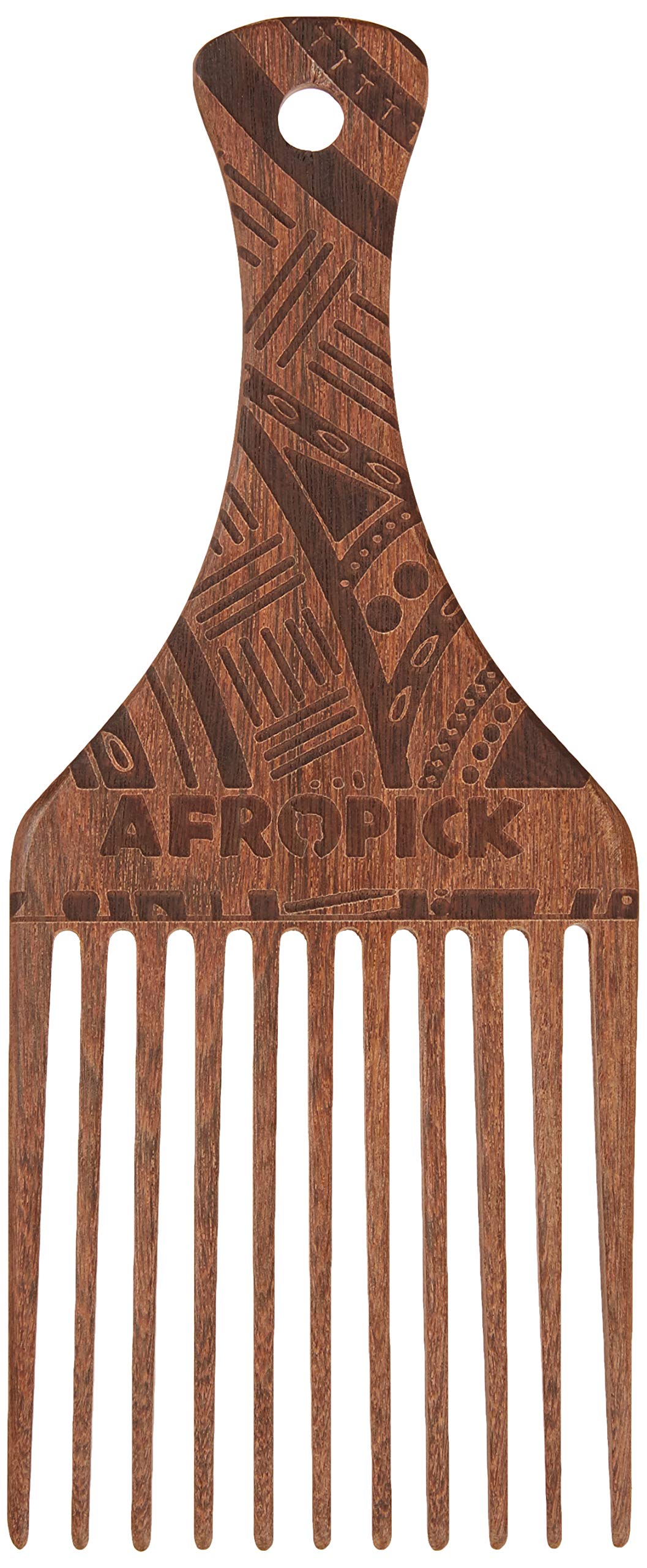 Afropick Wood Hair Pick For Long, Thick, Curly, & Afro Hair (Engraved Brown)