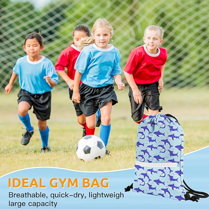 Slohif Drawstring Backpack Beach Swim Bag for Kids Little Sharks Draw String Dance Travel Cinch Ballet Gym Bags for Girls Boys Waterproof Backpack for Swimming Summer Camp Pool Sports Nylon Large