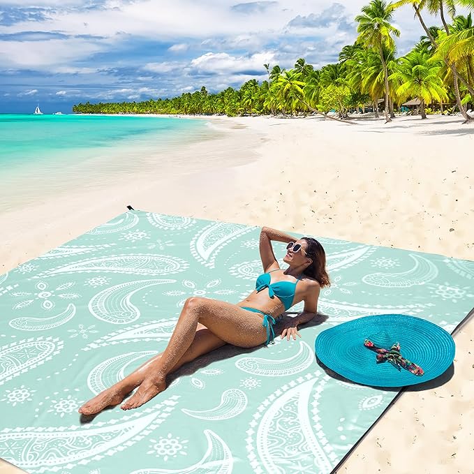 Beach Blanket, Sandproof Beach Mat, Waterproof Quick Drying Lightweight Outdoor Aztec Picnic Mat 79" X 83"/120"x108" for 2-8 Adults for Travel, Camping, Hiking