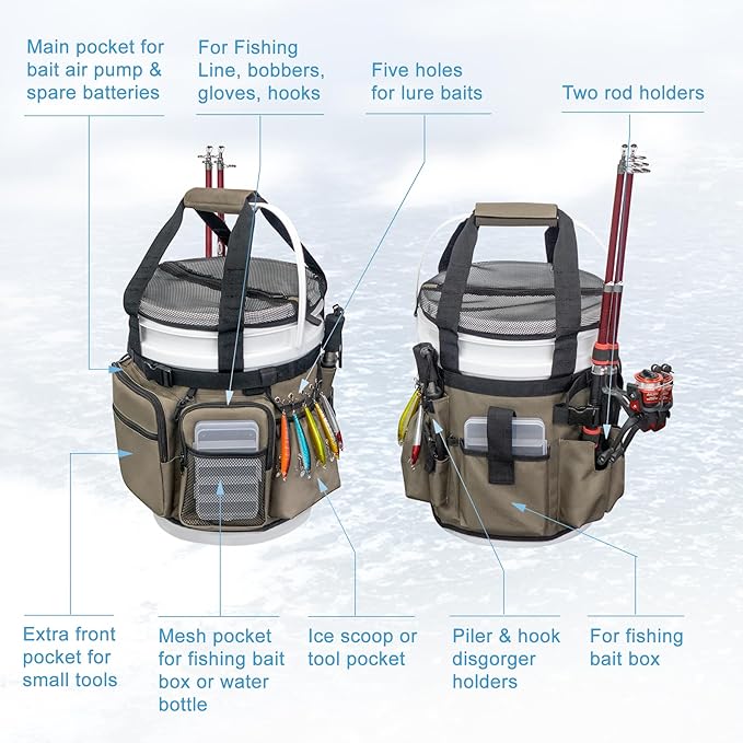 Fishing Bucket Organizer with Bucket Cover, Ice Fishing Tackle Bag with Rod & Plier Holder, Multi-Pockets for 5 Gallon Bucket Fishing Gear & Accessories