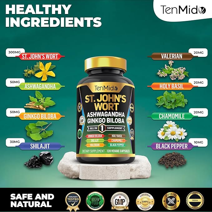 St.John's Wort Supplement - 8in1 Formula - Combine with Ashwagandha, Ginkgo Biloba, Shilajit, Valerian, Holy Basil, Chamomile, and Black Pepper - 120 Vegan Capsules for 4 Months Supply