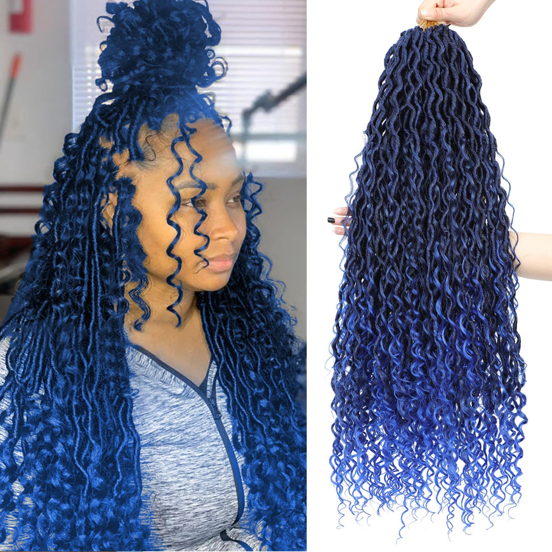 8 Packs Boho Goddess Locs Crochet Hair 18Inch Ombre Blue River Locs Crochet Hair Boho Faux Locs Wavy Hair With Curly Ends Pre-Lo