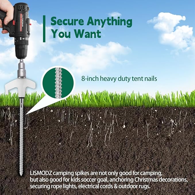 12 Pack 8" Screw in Tent Stakes for Drilling with Hex Heads - Heavy Duty Stainless Steel Tent Pegs/Nails/Spikes, Ground Anchors, Grow in Dark - for Camping, Grassland, Portable Box (White)