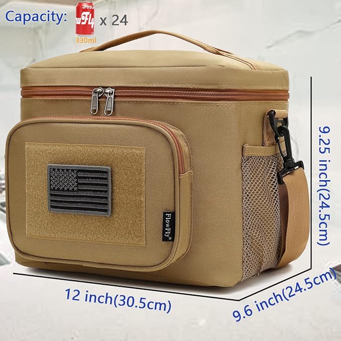 FlowFly Lunch Bag, Insulated Cooler, Thermal Lunch Box Tote with MOLLE/PALS Webbing, Adjustable Padded Shoulder Strap, for Tactical Men Women Adults and Boys Girls Kids (Brown, Large)