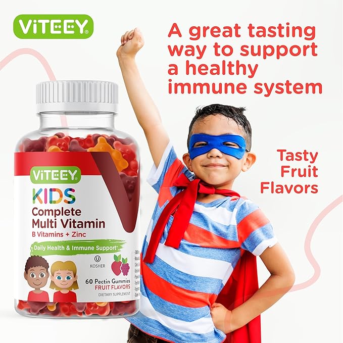Kids Multivitamin Gummies, Complete Daily Essential Kids Vitamins - Great for Immune Support & Overall Health - 12 Essential Minerals & Vitamins - Vegetarian, Gelatin Free- Chewable Fruit Flavor Gummy