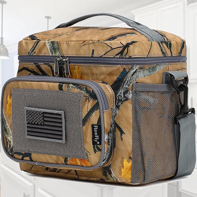 FlowFLy Lunch Bag, Insulated Cooler, Thermal Lunch Box Tote with MOLLE/PALS Webbing, Adjustable Padded Shoulder Strap, for Tactical Men Women Adults and Boys Girls Kids (Maple Leaves Camo, Medium)