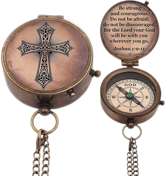 Baptism Gift Personalized Keepsake Compass Engraved Cross and Be Strong and Courageous, Confirmation Gift Ideas, Gift of Faith. Missionary