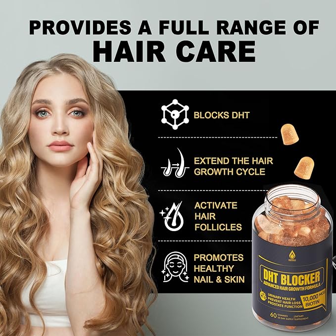 DHT Blocker Gummies Hair Growth Supplement, Super Potency Saw Palmetto & Biotin 10000 mcg for Women & Men, Plus 12 Proprietary Blend - Prevent Hair Loss, Blocking DHT Receptors, Hormonal Balance