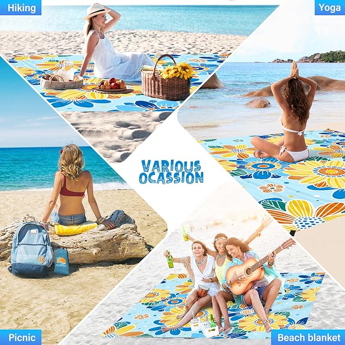 Beach Blanket Waterproof Sandproof 1-7 Adult Oversized 78 '' × 110 '' Lightweight Durable Compact Sand Free Beach Mat for Travel Camping Hiking Picnic Blanket Extra Large