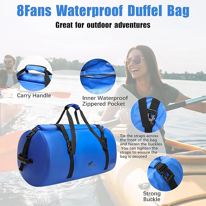 8 Fans Extra Large Waterproof Duffle Bag,Heavy Duty Travel Dry Bag with Durable Straps & Handles, Ideal for Kayaking,Paddleboarding,Boating,Rafting,and Fishing (Blue, 50L)