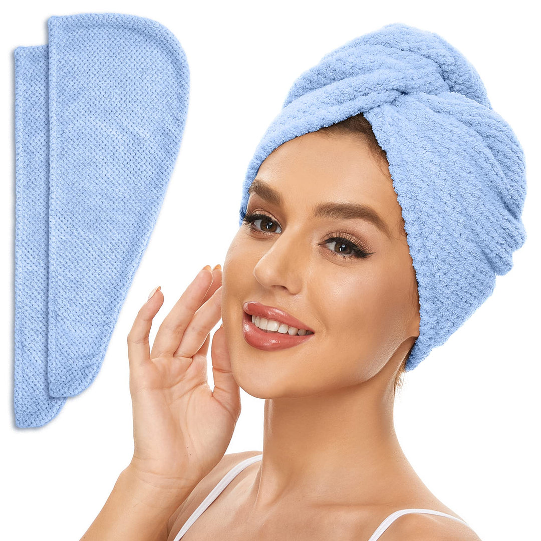 SimpleField 2 Pack Microfiber Hair Towel Wrap for Women, Anti Frizz Quick Drying Hair Turban for All Hair Style, Absorbent and Lightweight (Blue)