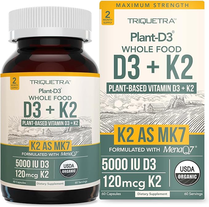 Organic Plant D3 + K2 | 5000 iu D3 + 120 mcg K2 as All-Trans MK7 from MenaQ7® - 100% Whole Food, Raw & Vegan | Enhanced Digestion with Prebiotic & Superfood Complex – D3 from Organic Algae (60 Count)