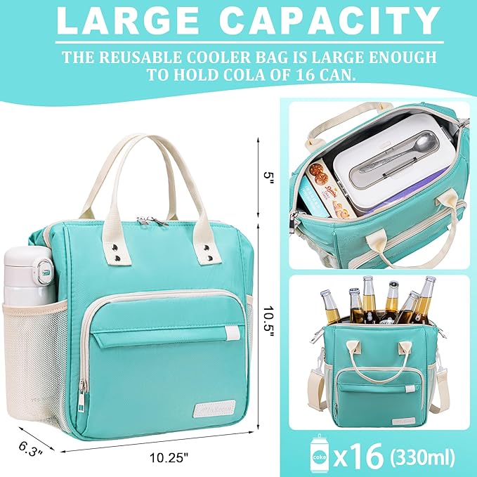 Preppy Lunch Box for Women Aesthetic Insulated Lunch Bag for Young Ladies Female, Teal