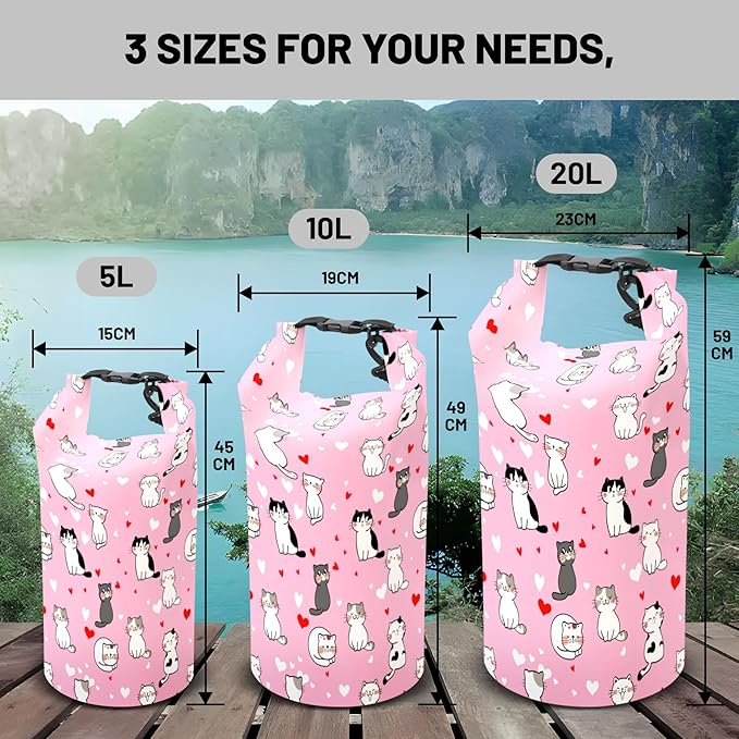 Waterproof Dry Bag,Roll Top Cute Animal Lovely Pet Cat Small Waterproof Backpack 5L/10L/20L Floating and Lightweight Bags for Kayaking, Boating, Fishing, Swimming and Camping