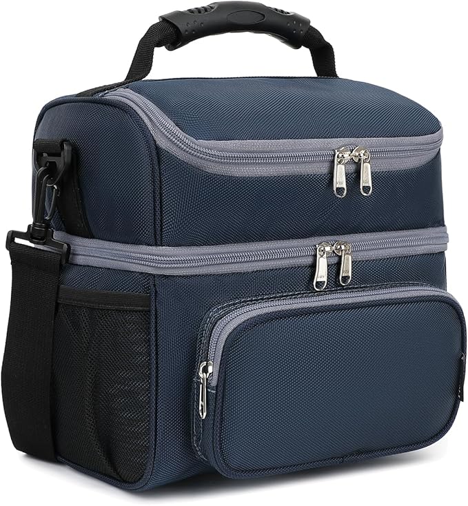 FlowFly Double Layer Cooler Insulated Lunch Bag Adult Lunch Box Large Tote Bag for Men, Women, With Adjustable Strap,Front Pocket and Dual Large Mesh Side Pockets