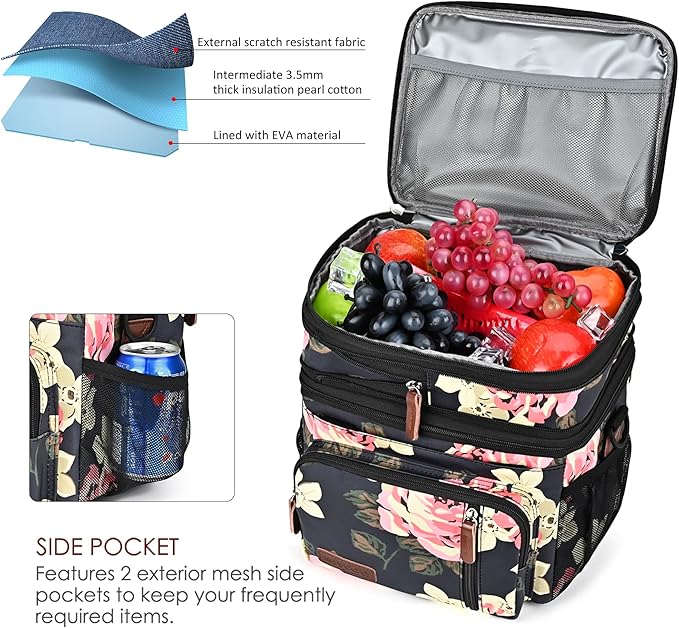 MIYCOO Insulated Lunch Bags for Women Men Large Lunch Box Leakproof Double Deck Soft Cooler Tote Bag (Flower, 15L)