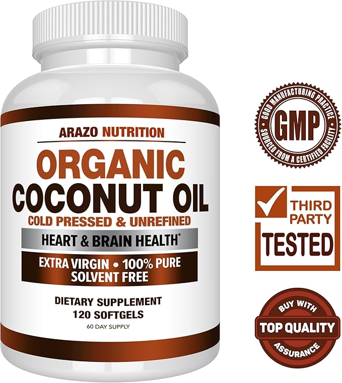 Arazo Nutrition Organic Coconut Oil 2000 MG - 100% Extra Virgin Unrefined Cold Pressed for Weight Support, Skin, Hair, Nails - 120 Softgel Capsules