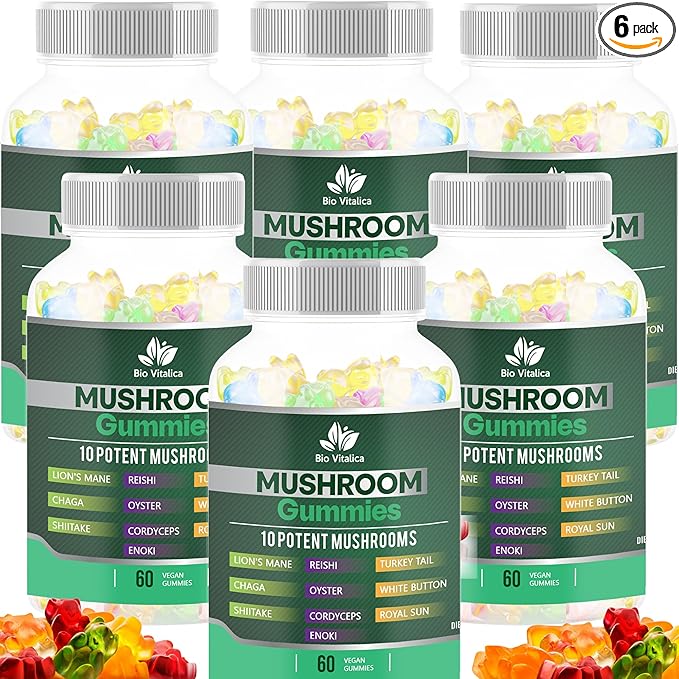 BIO VITALICA BioVitalica Mushroom Gummies - Lions Mane Gummies for Adults with 10 - Blend Mushrooms Complex Reishi, Chaga, Cordyceps, Turkey Tail, & More - Mushroom Supplement - Parental (6)