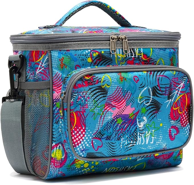 FlowFly Insulated Reusable Lunch Bag Adult Large Lunch Box for Women and Men with Adjustable Shoulder Strap,Front Zipper Pocket and Dual Large Mesh Side Pockets,Heart