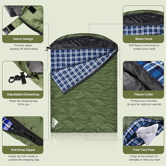 AGEMORE Cotton Flannel Double Sleeping Bag with Fleece Lined Hood, Waterproof Queen Size 2 Person Sleeping Bag for Adults Cold Weather Camping Backpacking or Hiking, 3-4season
