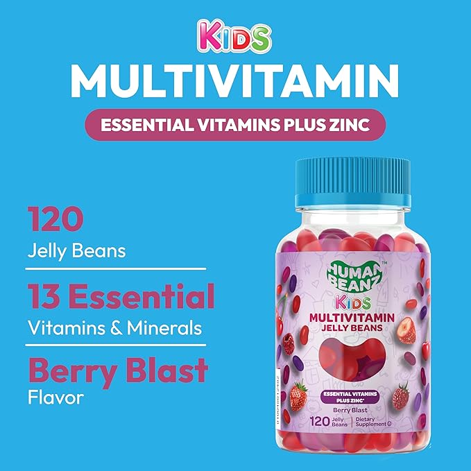 Multivitamin Jelly Bean Gummies with Zinc for Kids, Immune Support Dietary Supplements, Vegetarian, 120 Berry Blast Jelly Beans, Kosher