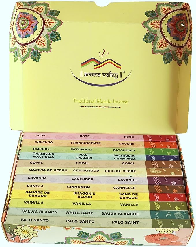 Incense Sticks Variety Pack - Traditional Hand-Rolled Masala Incense - 12 Scents - 100 Sticks - Gift Set