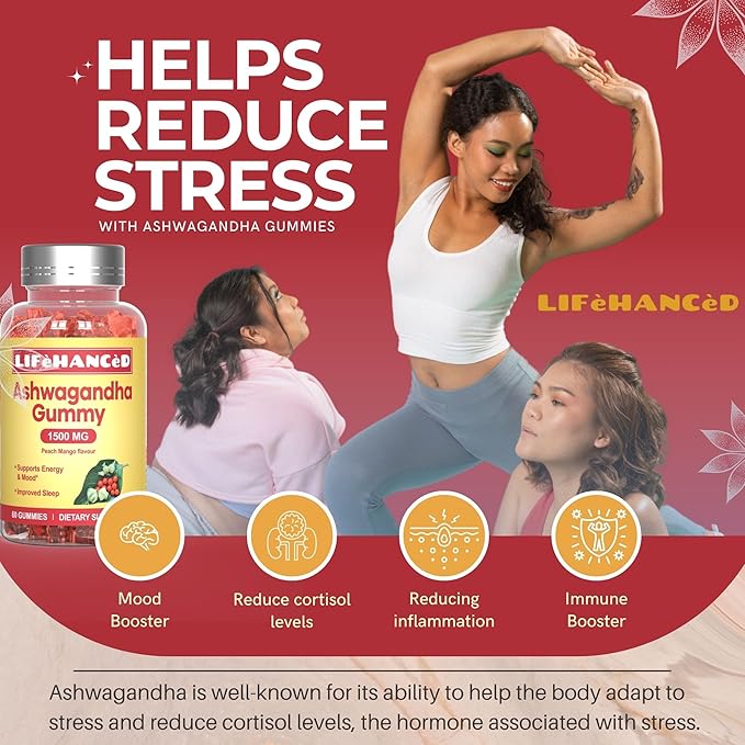 Ashwagandha Gummies, LAB Tested, 60 Count,1500mg,3% Withanolides,Peach Mango Flavour, Ideal Supplement for Your Entire Family.