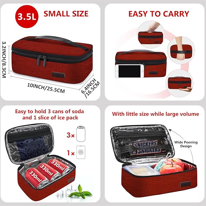Gloppie Small Lunch Bag Insulated Lunch Box for Women Girls Kids Mini Lunchbox Adult Portable Cooler Bags Reusable Snack Bag Thermal Lunch Boxes, Wine Red