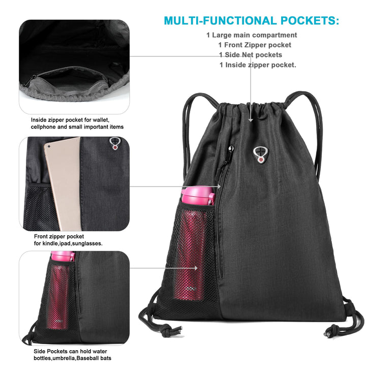 BeeGreen Mix Black Drawstring-Backpack-Gym-Bag, Large Sports Bag For Women W Water Bottle Pocket &Front Zippered Pocket, String Sackpack For Traveling Yoga Beach Outdoor
