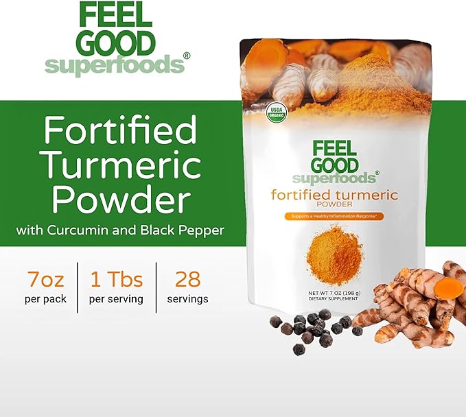 Feelgood Organic Superfoods Fortified Turmeric Powder with Curcumin and Black Pepper, 95% Curcuminoids, Vegan, Gluten Free, Non-GMO, Pure Ground Turmeric Root from India, 7 oz