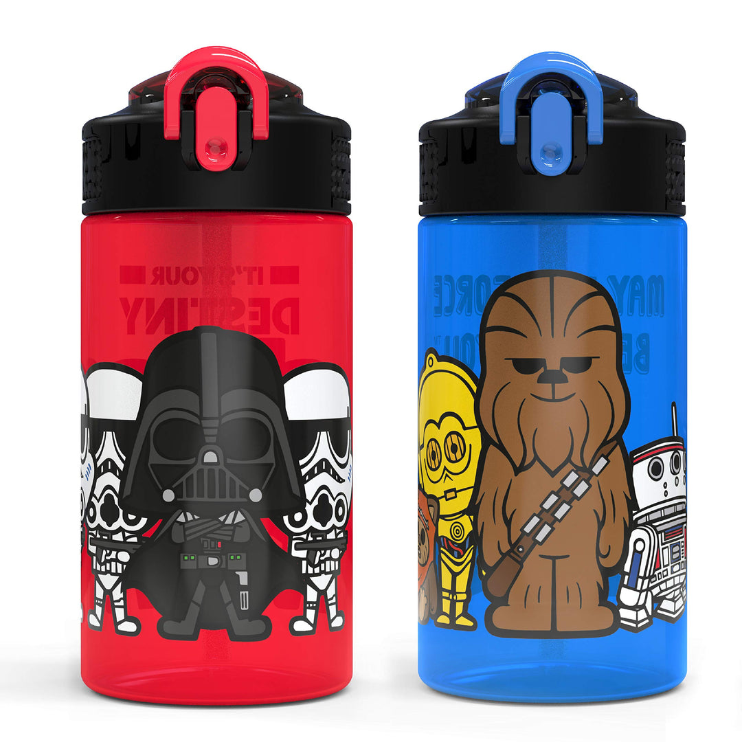 Zak Designs PP Park Straw Kids Durable Plastic Spout Cover and Built-in Carrying Loop, Leak-Proof Water Design for Travel, (16oz, 2pc Set), 2 Count (Pack of 1), Darth Vader Bottle 2pk