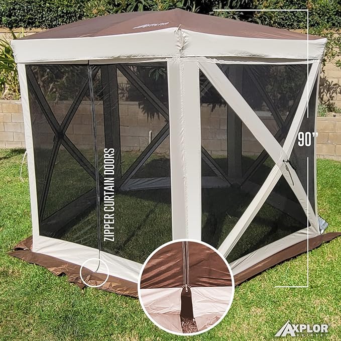 AxplorOutdoor Pop Up Canopy Screen Tent 10x10 | Camping Gazebo | Portable Outdoor Screened Room | Standing Height 5-Sided Camper With Carry Bag