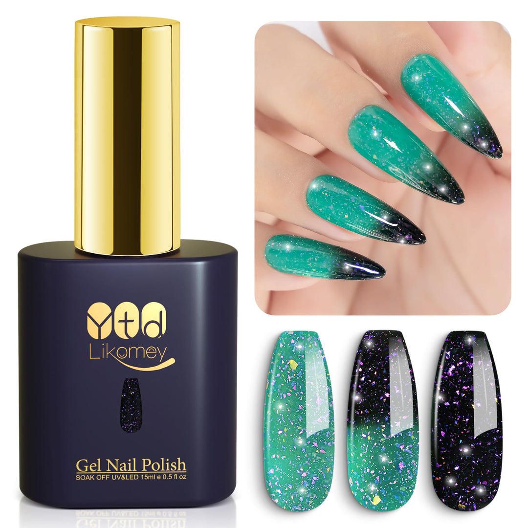 YTD Likomey Brocade Glitter Color Changing Gel Nail Polish,15ml Bright Green To Dark Green Shimmer Mood Temperature Change Colors,Ombre Thermal UV Nail Gel,WB349