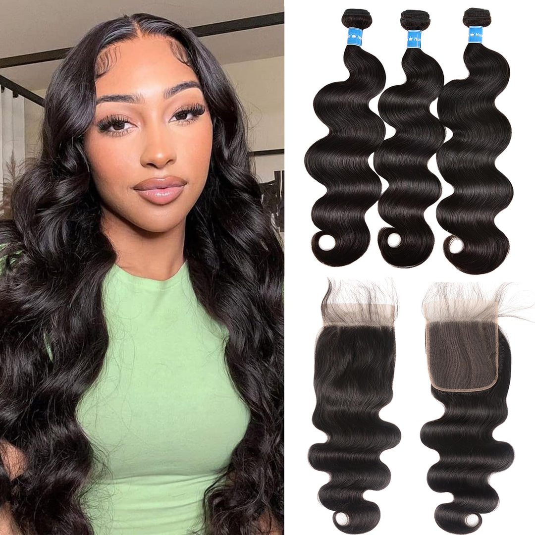 Body Wave Human Hair Bundles With Closure(20 22 24+18)100% Unprocessed Brazilian Human Hair Body Wave Human Hair Bundles With 4X