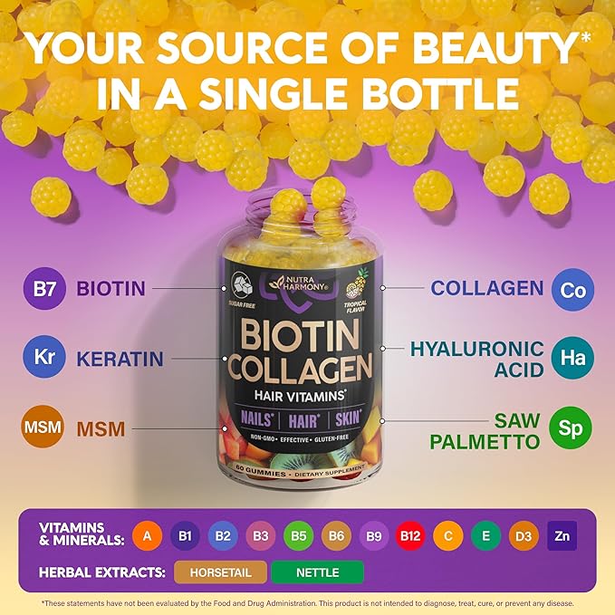 Biotin Gummies with Collagen - Hair Growth Support Skin & Nail Strength - for Women & Men - Biotin 10000mcg | Keratin | Hyaluronic Acid | B-Complex | Saw Palmetto - Sugar-Free, Tropical Mix - 60 Gummy