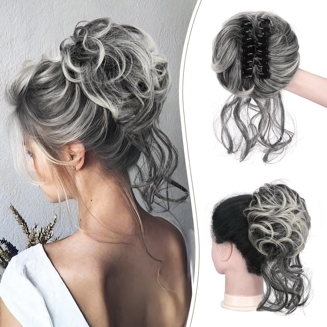 SOFEIYAN Claw Clip Messy Bun Hair Piece Curly Wavy Hair Bun Clip in Claw Chignon Ponytail Extensions Synthetic Tousled Updo with Tendrils Hairpieces Accessories Scrunchies for Women, Gray with White