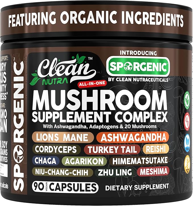 Organic Mushroom Supplement | Ashwagandha Lions Mane Cordyceps Turkey Tail Reishi Mushrooms Maca Root Black Hoof Chaga Tremella Agarikon Shiitake Oyster Powder Capsules Sporgenic by Clean Nutra (1)