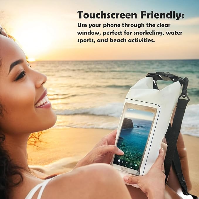 2L Waterproof Dry Bag - Multifunctional Waterproof Dry Pouch for Phone and Valuables - Essential for Outdoor Travel, Beach, Swimming, Boating, Camping (White)